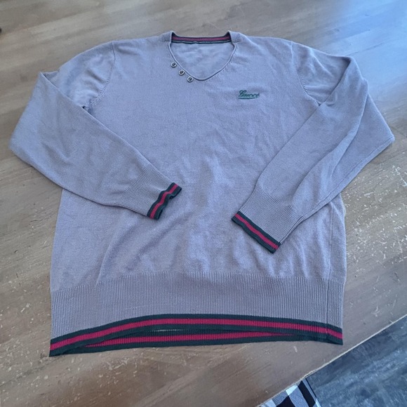 Gucci Sweater Mens Large Gray Wool Blend V Neck Pullover Logo Stripe Buttons - Picture 1 of 7